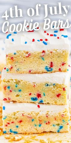 the fourth of july cookie bars with white frosting and sprinkles are stacked on top of each other