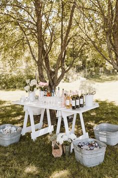 a picnic table with wine bottles and ice buckets in the grass under a tree