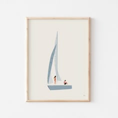 two people on a sailboat floating in the ocean under a blue sky, framed art print