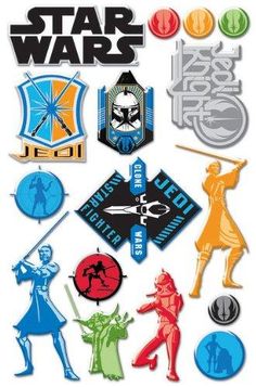 the star wars stickers are all different colors and sizes, including blue, green, red