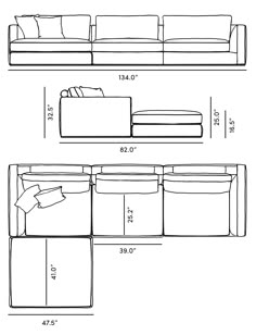 a drawing of a couch and ottoman with measurements for the seat height, as well as how