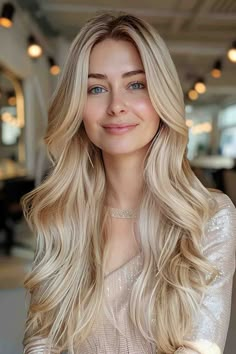 Long champagne blonde hair with soft curls at the ends Long Wavy Hair For Wedding, Different Curled Hairstyles, Curled Volume Hair, Long Loose Curls Wedding Hair, Loose Curls Blonde Hair, Soft Romantic Curls, Soft Curls For Long Hair Wedding, Wedding Beach Waves Hair, Long Blonde Hair Curled