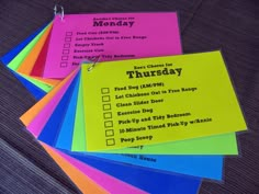 several colorful sticky notes are stacked on top of each other with the words monday written on them