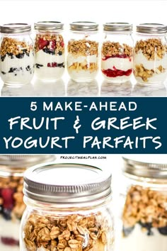 fruit and greek yogurt parfaits in mason jars with text overlay