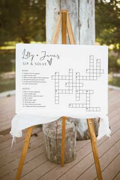 a wooden easel with a crossword puzzle on it