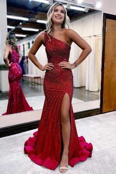 sparkly burgundy beaded one shoulder long prom dress with slit Hot Pink Prom Dresses, Pink Prom Dresses Mermaid, Dresses Sparkle, Trumpet Prom Dress, Hot Pink Prom Dress, Shine Dress, Glitter Prom Dresses, Burgundy Evening Dress, Red Mermaid