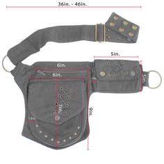 an image of a waist bag that has measurements for the size and width in it