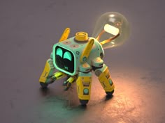 a yellow and green robot is holding a light bulb