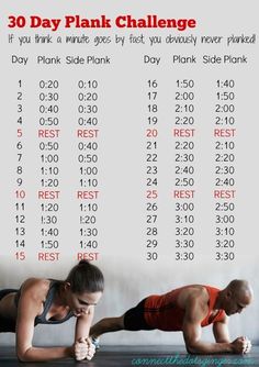 a man and woman doing push ups on their stomachs with the 30 day plank challenge