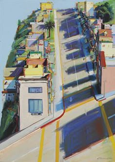 an oil painting of a city street with buildings on the side and yellow lines going down it