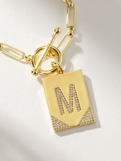 Leave Your Mark Chain Necklace | Gold M | Product Detail Image | Uncommon James Uncommon James, Leave Your Mark, Rectangle Pendant, Initial Jewelry, Gold Letters, Initial Pendant, Letter Necklace, Initial Letters, Jewelry Cleaner