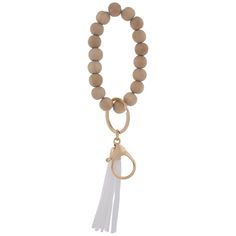 Get jewelry that has a practical function! Natural Wood Bead Bracelet With Tassel & Key Ring features a stretchy bracelet made on an elastic cord. This bracelet is strung with natural round wood beads with a matte finish. On the bottom of the bracelet, there is a key ring with a lobster clasp and metal cap that all have the same metallic finish. The cap holds a white faux leather tassel together. Wear this proudly! Details: 	 Size: One Size Fits Most 	 Metal Color: Gold Key Ring Bracelet, Tassel Keyring, Wood Bead Bracelet, Stretchy Bracelets, Leather Tassel, Metal Color, White Metal, Bead Bracelet, Ring Bracelet