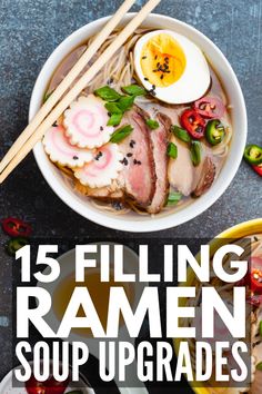 ramen soup with chopsticks and an egg in the middle, surrounded by other foods