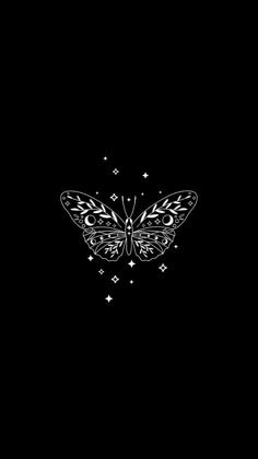 a black and white drawing of a butterfly on a dark background with stars around it