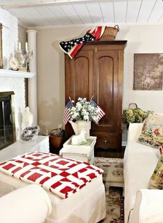 The Garden Room, Patriotic Diy, Vintage Patriotic, Basket And Crate, Faux Floral Arrangement, Hearth Room, Vintage Flag, July Decor, Patriotic Decor