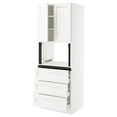 a tall white cabinet with drawers and doors