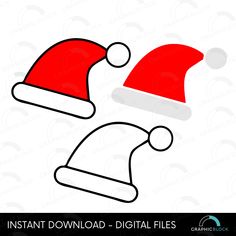 two red and white santa hats on top of each other, with the word instant digital files