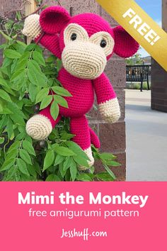 a crocheted monkey hanging from a tree branch with text overlay that reads, mini the monkey amigurm crochet pattern