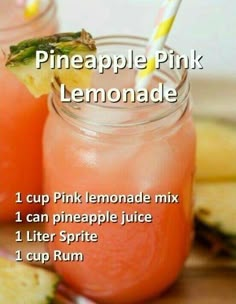 pineapple pink lemonade recipe in a mason jar