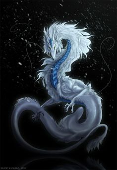 a white and blue dragon sitting on top of a body of water in the dark