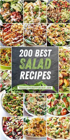 the cover of 200 best salad recipes, with images of different salads and vegetables