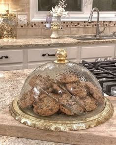 cookies under a glass dome on top of a counter