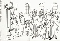 a black and white drawing of people standing in front of a cross