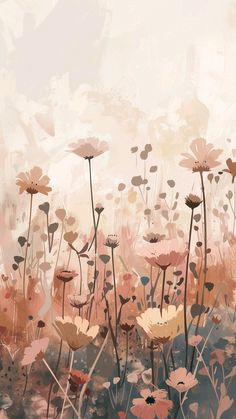 an abstract painting of pink flowers and grass