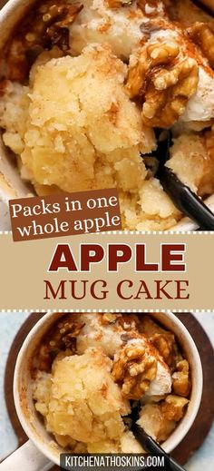 two pictures showing different types of apple muffins in a white bowl with spoons