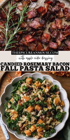 Fall pasta salad with cinnamon roasted butternut squash, candied bacon, dried cranberries, kale, pumpkin seeds, feta cheese and apple cider dressing. Mouse Recipes, High Protein Salads, Protein Salad, Healthy Fall, Candied Bacon, Autumn Salad