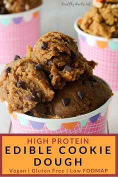 high protein edible cookie dough in a bowl with text overlay that reads, high protein edible cookie dough vegan i gluen free low f