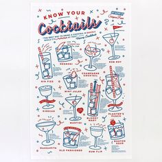 a blue and red poster with cocktails on it's side, says know your cocktails