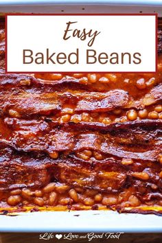 baked beans in a baking dish with text overlay