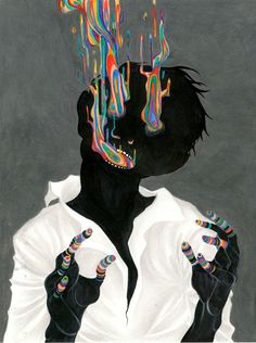 a painting of a man with his hands on his chest and dripping paint all over his face