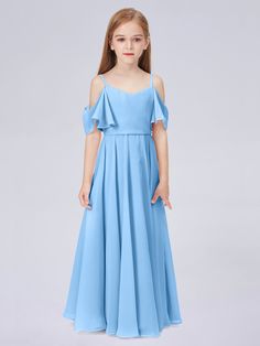 Off Shoulder Ruffled Chiffon Junior Bridesmaid Dress Papaya Bridesmaid Dresses, Kids Bridesmaid Dress, Blue Sash, Flower Girl Dresses Blue, Wonderland Costumes, Full Maxi Skirt, Junior Bridesmaid Dress, Dress With Ruffles, Light Blue Dresses