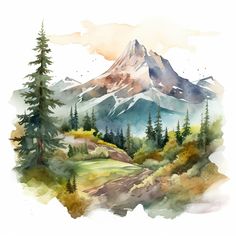 a watercolor painting of a mountain with trees