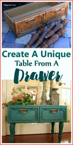 an old dresser is transformed into a unique table from a drawer