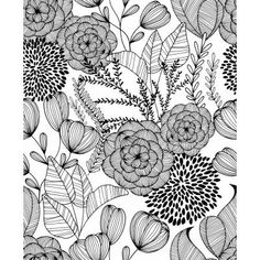 a black and white drawing of flowers with leaves on the bottom, surrounded by other plants