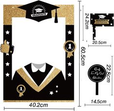 graduation party decorations with gold glitters and stars on black background, including a graduate's cap