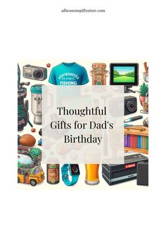 Collage of potential birthday gifts for dad including fishing gear, tools, grooming products, and a framed photo with text overlay "Thoughtful Gifts for Dad's Birthday". Gift Ideas For Dads, Make Him Feel Loved, 10 Gift Ideas, Magnetic Tools, Dad's Birthday, Gaming Hoodie, Electric Shaver Men, Unique Gadgets, Sensitive Skin Care