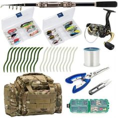 fishing gear and accessories are displayed on a white background