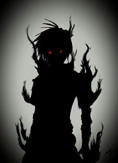 the silhouette of a demon with red eyes and long hair, standing in front of a dark background