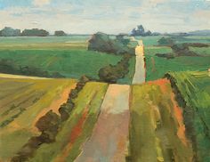 an oil painting of a country road and fields