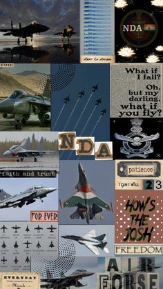 a collage of photos with airplanes and slogans on them in various colors, sizes and shapes