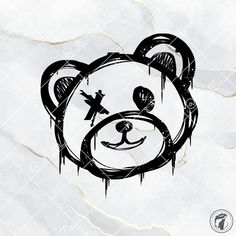 a black and white drawing of a bear with paint splattered on it's face