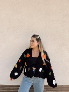 Stay cozy and stylish with this cute halloween cardigan! Made of soft mohair yarn, this oversized knitted cardigan is not only cozy and warm, but also stylish and trendy.  Whether you are going out for a casual day or a fun night out, you will look sweet and stylish in this unique knitted cardigan. This cardigan is 100% original and handmade. ٭If you have a special color request, please contact me! 👉Size chart👈 ٭The model in the photos is 5'4″ / 164 cm and wears size XS-S. XS-S (Extra Small - Small) Length: 18.5 inches - 47 cm Chest: 21.6 inches - 55 cm Sleeve: 26 inches - 66 cm from the neck M (Medium) Length: 19.7 inches - 50 cm Chest: 24.4 inches - 60 cm Sleeve: 26.7 inches - 68 cm from the neck L (Large) Length: 20.9 inches - 53 cm Chest: 25.6 inches - 65 cm Sleeve: 27.5 inches - 70 Ghost Cardigan, Oversized Knitted Cardigan, Halloween Cardigan, Cardigan For Women, Pumpkin Ghost, Mohair Yarn, Fall Sweater, Knitted Cardigan, Chunky Sweater