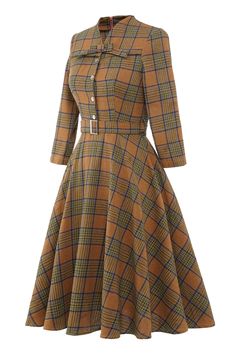 ZAPAKA Women Tartan Dress Grey Coffee Plaid A-line Vintage Dress with Long Sleeves Womens Plaid Dress, Vintage Cotton Dress, Plaid Dress Vintage, Robes Vintage, Winter Plaid, Pin Up Dresses, Retro Mode, England Fashion, Vestidos Vintage