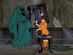 an animated image of a woman in front of a mirror with a ghost behind her