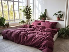 a bed with purple sheets and pillows in front of a window filled with potted plants