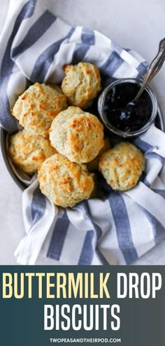 buttermilk drop biscuits with dipping sauce in a bowl on a blue and white towel